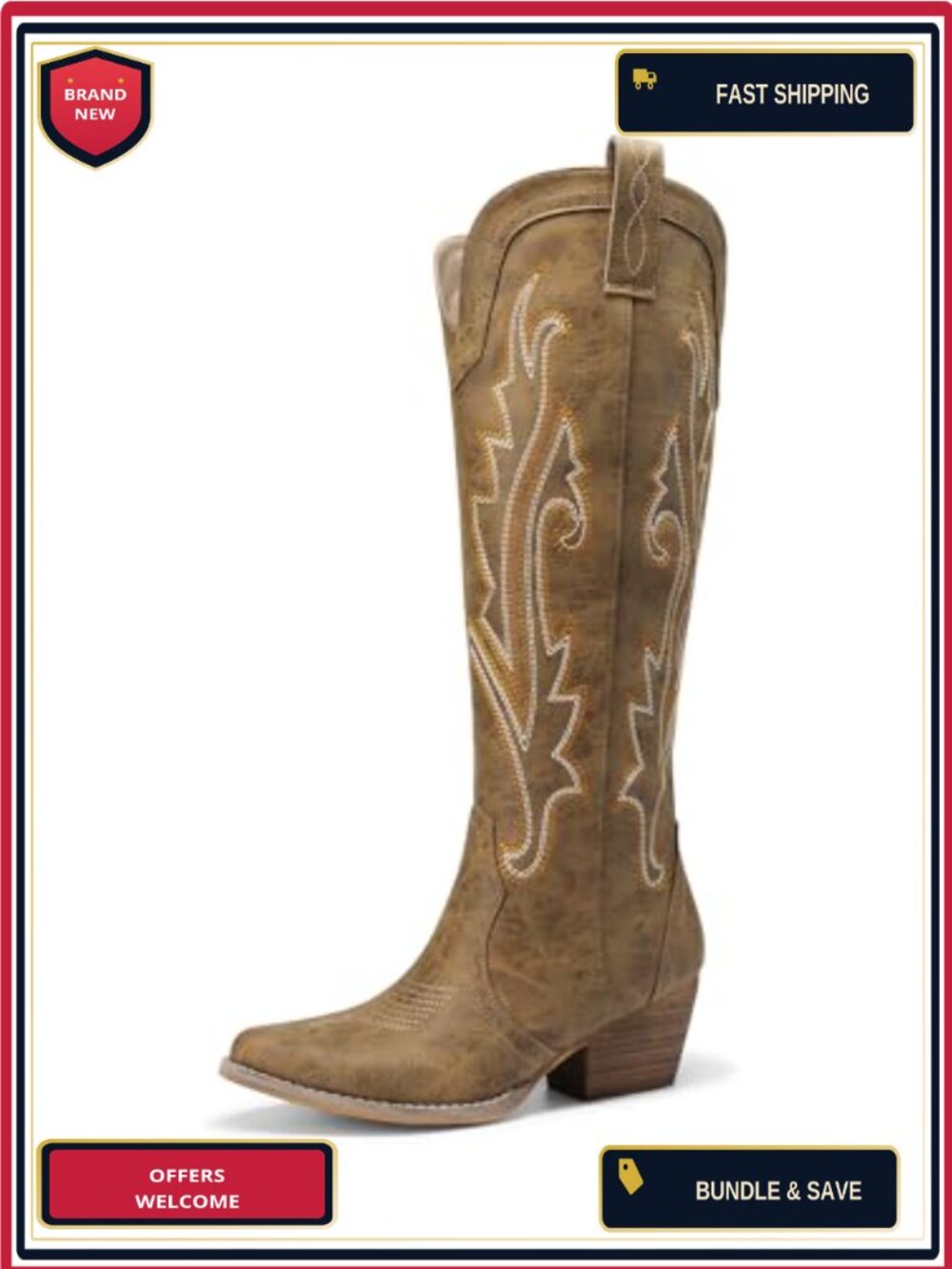 EMBROIDERED WESTERN KNEE-HIGH COWBOY BOOTS FAUX LEATHER 2IN HEEL BLOCK